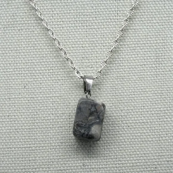 Silver necklace with gray stone pendant. - Picture 2 of 2